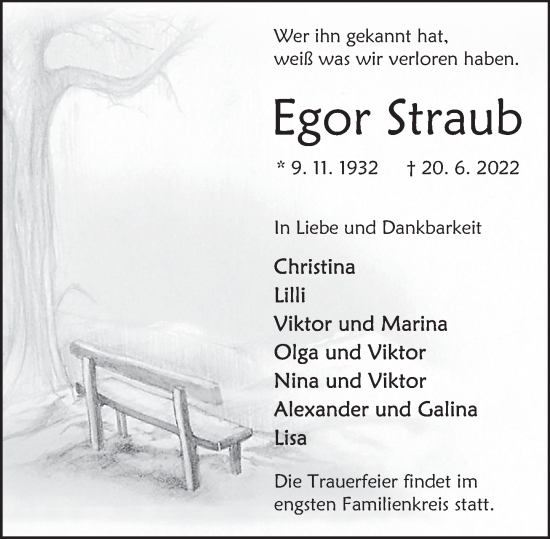 Traueranzeige von Egor Straub von Deister- und Weserzeitung