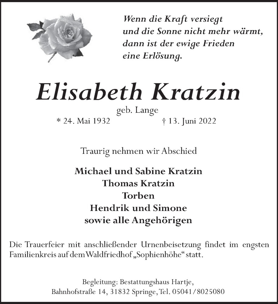  Traueranzeige für Elisabeth Kratzin vom 18.06.2022 aus Neue Deister-Zeitung