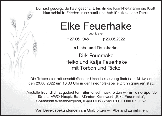 Traueranzeige von Elke Feuerhake von Deister- und Weserzeitung