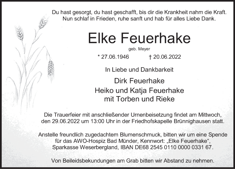  Traueranzeige für Elke Feuerhake vom 25.06.2022 aus Deister- und Weserzeitung