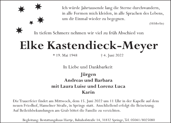 Traueranzeige von Elke Kastendieck-Meyer von Neue Deister-Zeitung