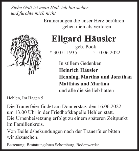 Traueranzeige von Ellgard Häusler von Deister- und Weserzeitung