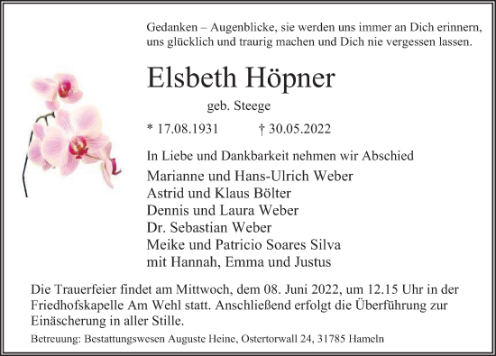 Traueranzeige von Elsbeth Höpner von Deister- und Weserzeitung