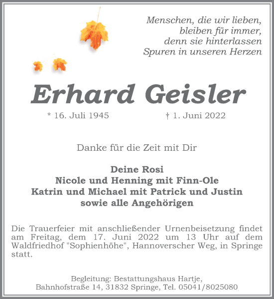 Traueranzeige von Erhard Geisler von Neue Deister-Zeitung