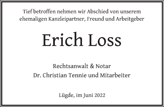 Traueranzeige von Erich Loss von Deister- und Weserzeitung