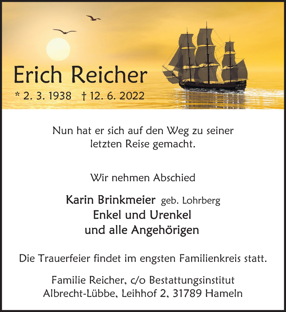 Traueranzeige für Erich Reicher vom 17.06.2022 aus Deister- und Weserzeitung