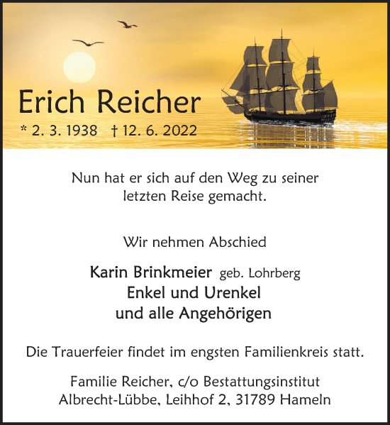 Traueranzeige von Erich Reicher von Deister- und Weserzeitung