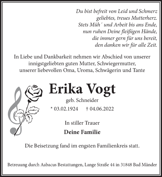 Traueranzeige von Erika Vogt von Neue Deister-Zeitung