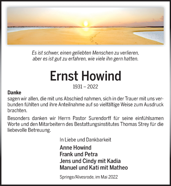 Traueranzeige von Ernst Howind von Neue Deister-Zeitung