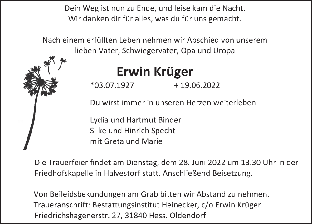  Traueranzeige für Erwin Krüger vom 25.06.2022 aus Deister- und Weserzeitung