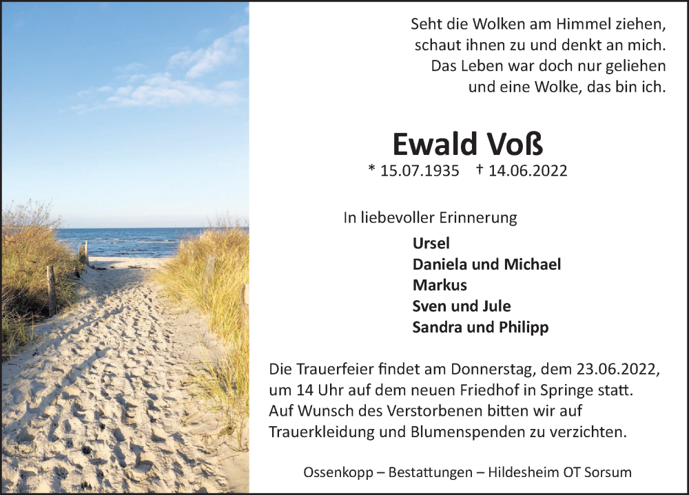  Traueranzeige für Ewald Voß vom 18.06.2022 aus Neue Deister-Zeitung