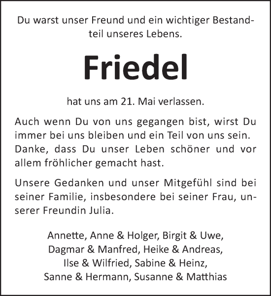 Traueranzeige von Friedel Arndt von Deister- und Weserzeitung