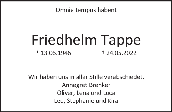 Traueranzeige von Friedhelm Tappe von Deister- und Weserzeitung