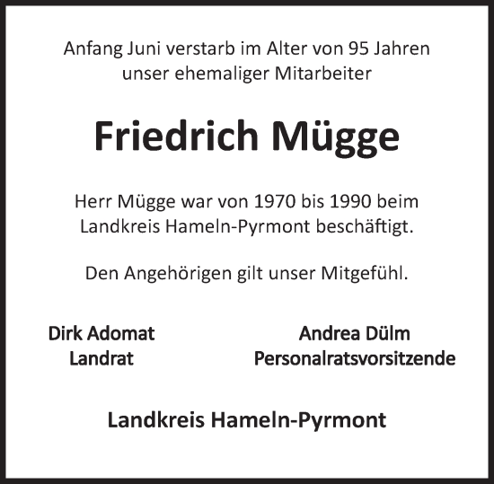 Traueranzeige von Friedrich Mügge von Deister- und Weserzeitung