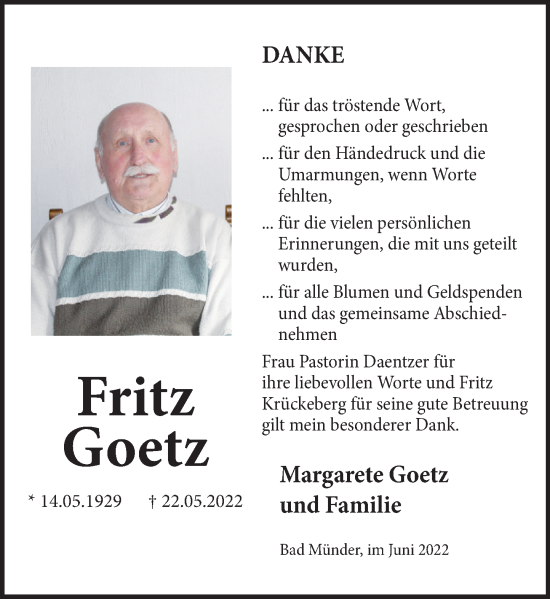Traueranzeige von Fritz Goetz von Neue Deister-Zeitung