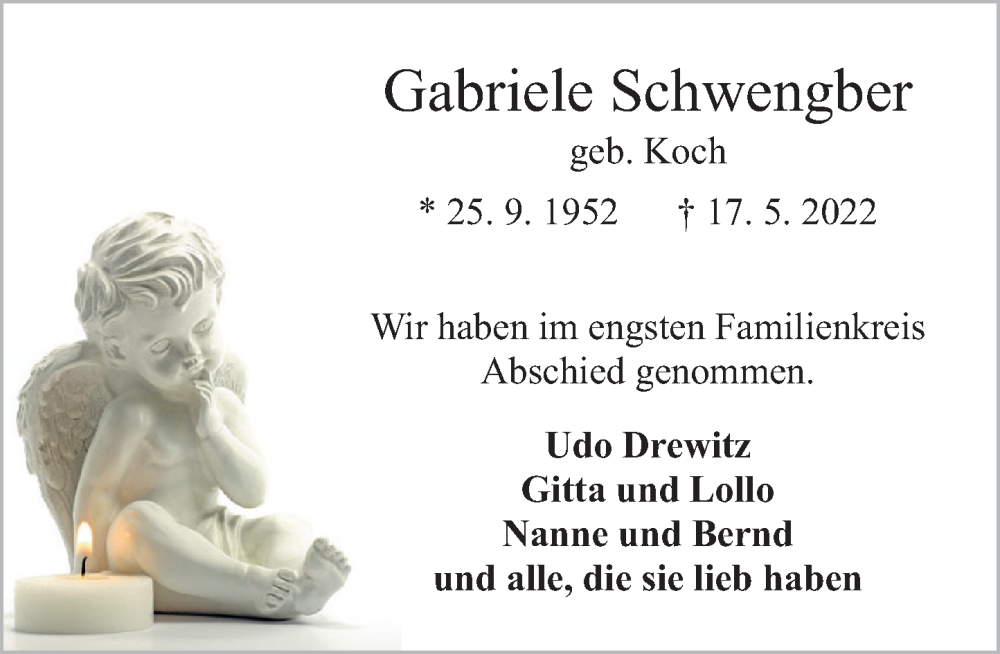  Traueranzeige für Gabriele Schwengber vom 17.06.2022 aus Deister- und Weserzeitung