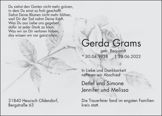 Traueranzeige von Gerda Grams von Deister- und Weserzeitung