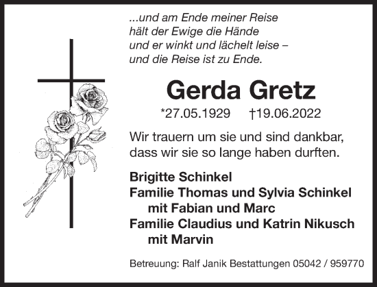 Traueranzeige von Gerda Gretz von Deister- und Weserzeitung