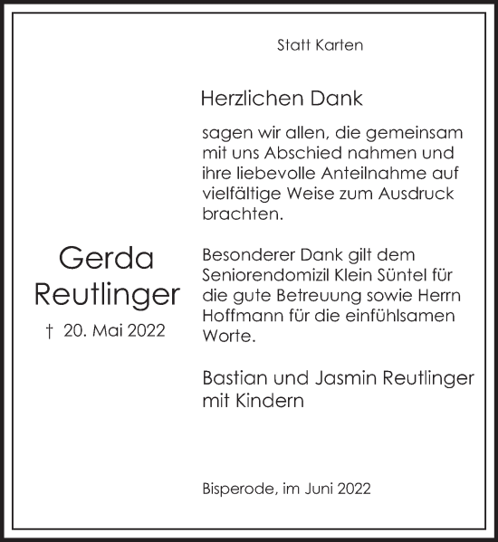 Traueranzeige von Gerda Reutlinger von Deister- und Weserzeitung