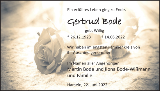 Traueranzeige von Gertrud Bode von Deister- und Weserzeitung