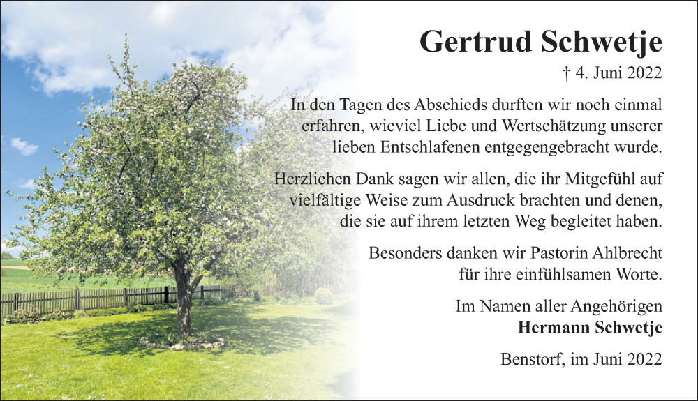  Traueranzeige für Gertrud Schwetje vom 25.06.2022 aus Deister- und Weserzeitung