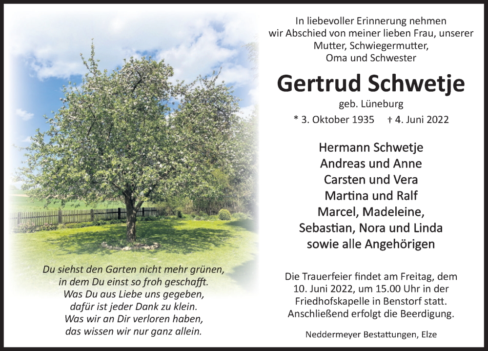  Traueranzeige für Gertrud Schwetje vom 08.06.2022 aus Deister- und Weserzeitung