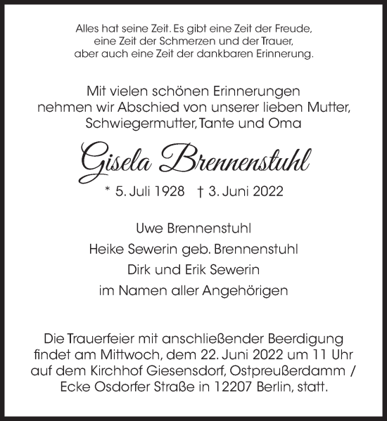 Traueranzeige von Gisela Brennenstuhl von Deister- und Weserzeitung