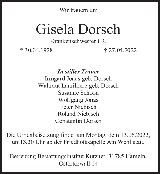 Traueranzeige von Gisela Dorsch von Deister- und Weserzeitung