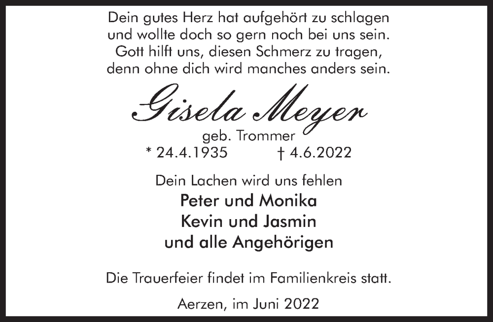  Traueranzeige für Gisela Meyer vom 11.06.2022 aus Deister- und Weserzeitung