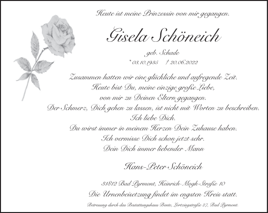 Traueranzeige von Gisela Schöneich von Deister- und Weserzeitung