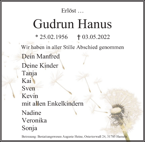 Traueranzeige von Gudrun Hanus von Deister- und Weserzeitung