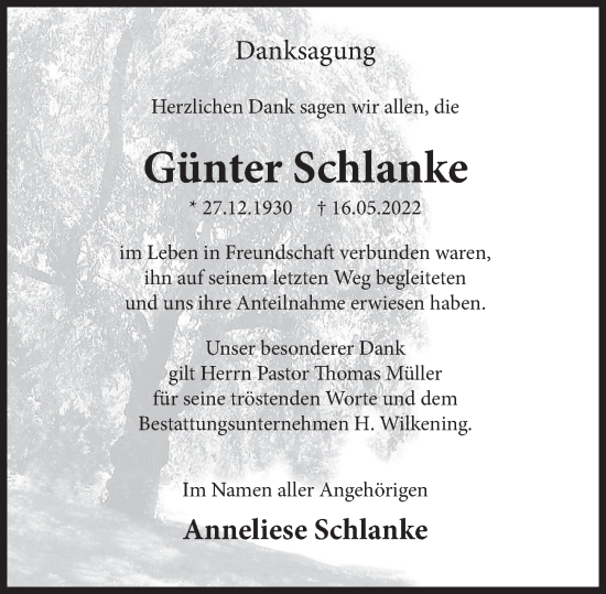 Traueranzeige von Günter Schlanke von Deister- und Weserzeitung