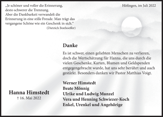 Traueranzeige von Hanna Himstedt von Deister- und Weserzeitung