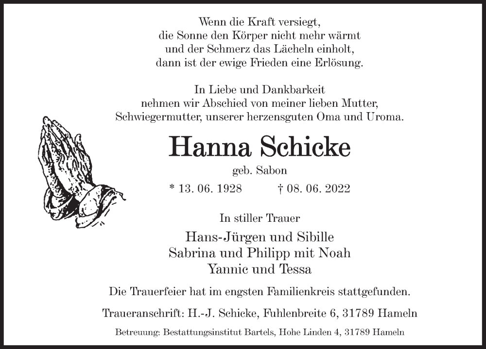  Traueranzeige für Hanna Schicke vom 25.06.2022 aus Deister- und Weserzeitung