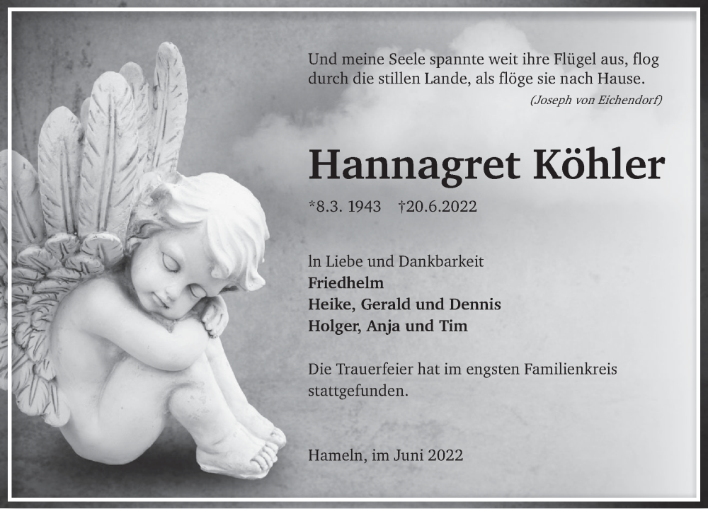  Traueranzeige für Hannagret Köhler vom 02.07.2022 aus Deister- und Weserzeitung