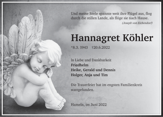 Traueranzeige von Hannagret Köhler von Deister- und Weserzeitung