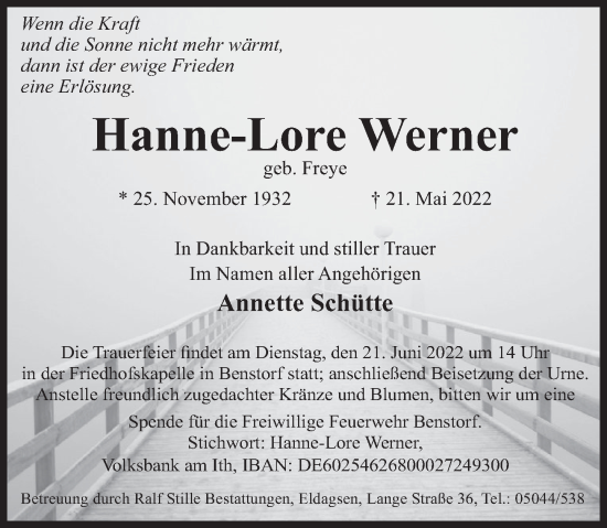 Traueranzeige von Hanne-Lore Werner von Deister- und Weserzeitung