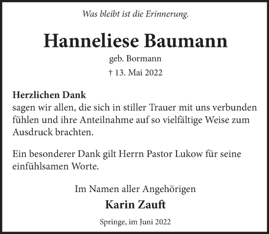 Traueranzeige von Hanneliese Baumann von Neue Deister-Zeitung