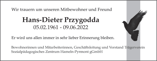 Traueranzeige von Hans-Dieter Przygodda von Deister- und Weserzeitung