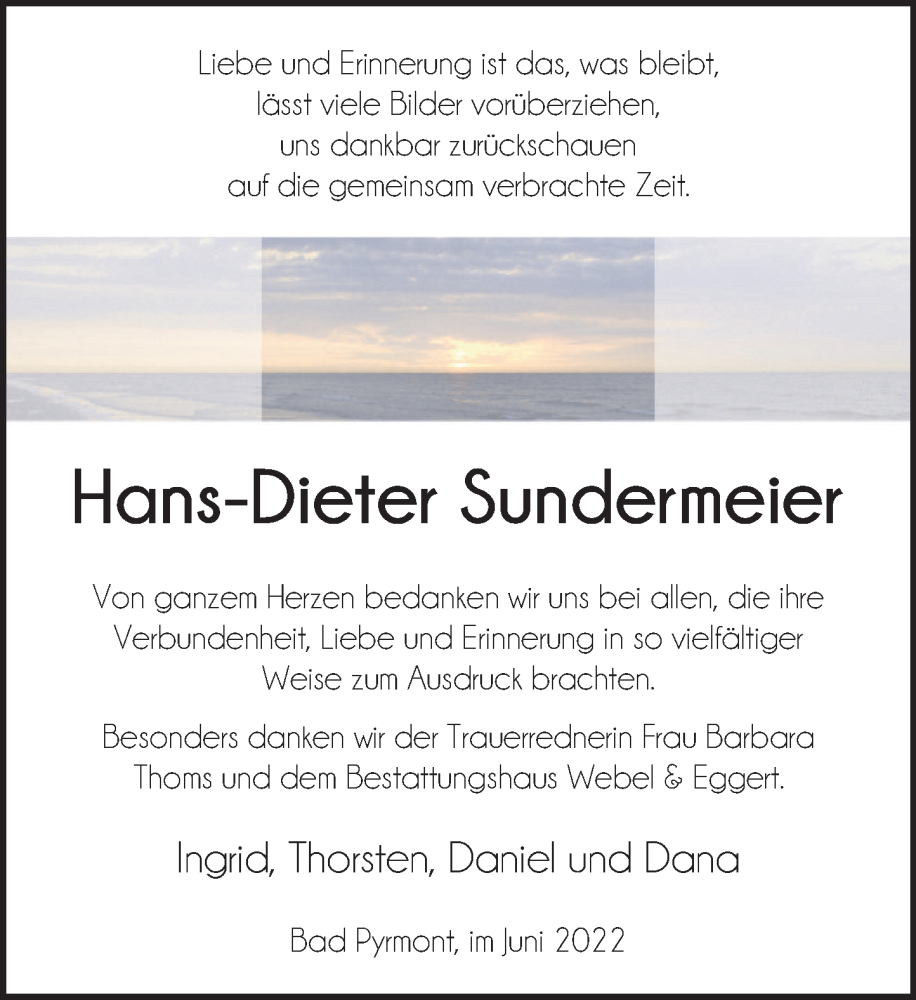  Traueranzeige für Hans-Dieter Sundermeier vom 25.06.2022 aus Deister- und Weserzeitung
