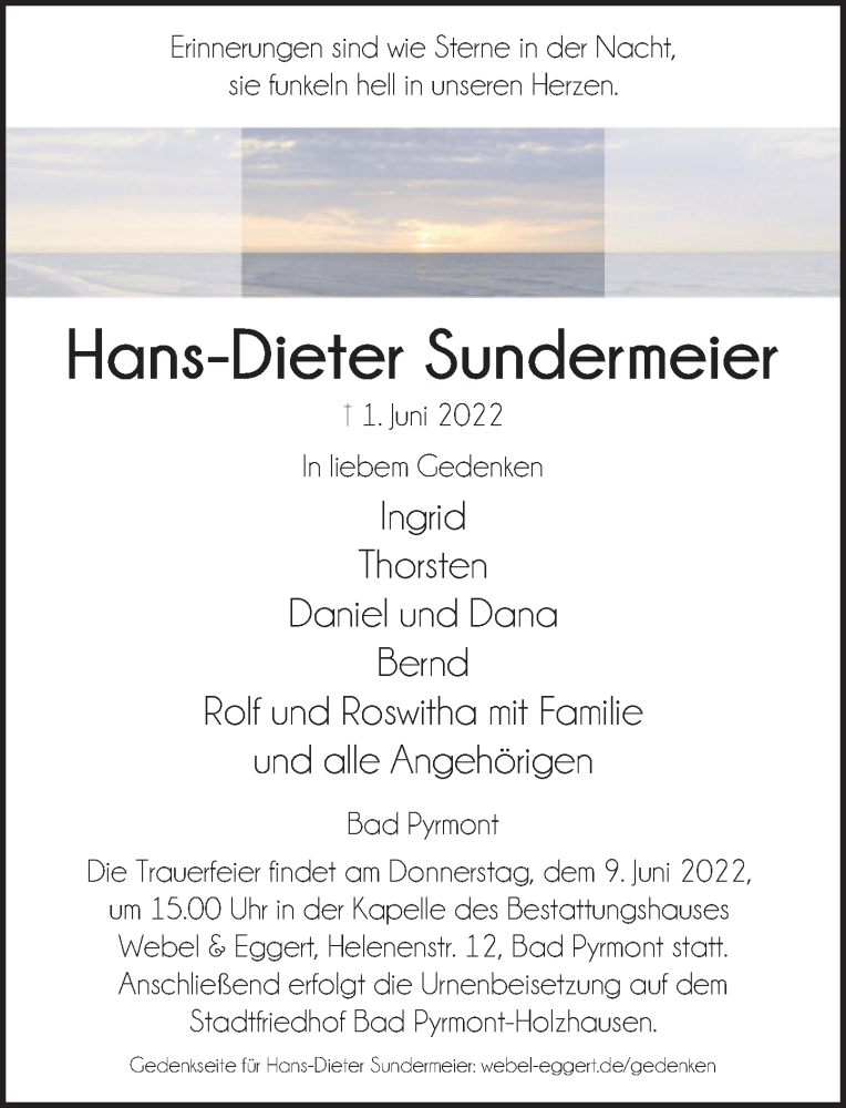 Traueranzeige für Hans-Dieter Sundermeier vom 04.06.2022 aus Deister- und Weserzeitung