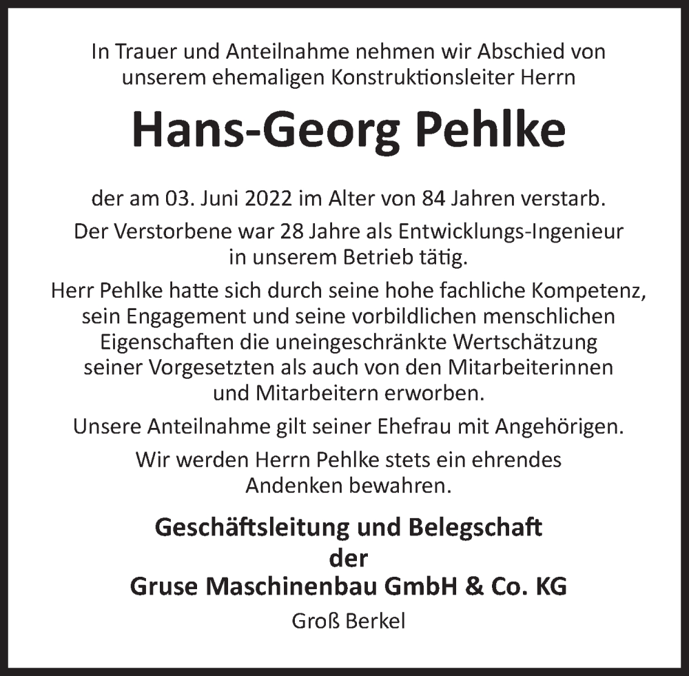  Traueranzeige für Hans-Georg Pehlke vom 11.06.2022 aus Deister- und Weserzeitung