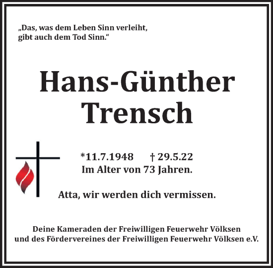 Traueranzeige von Hans-Günther Trensch von Neue Deister-Zeitung