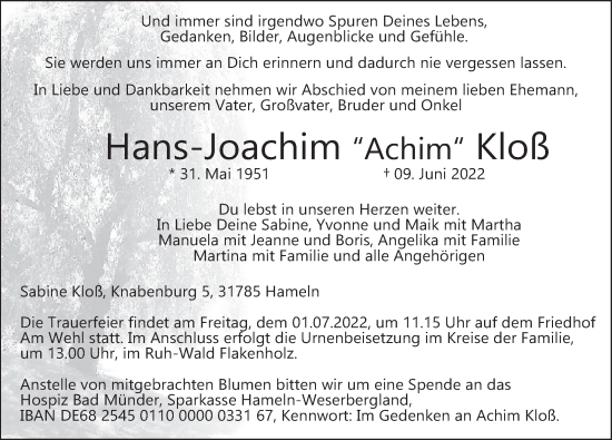 Traueranzeige von Hans-Joachim Kloß von Deister- und Weserzeitung