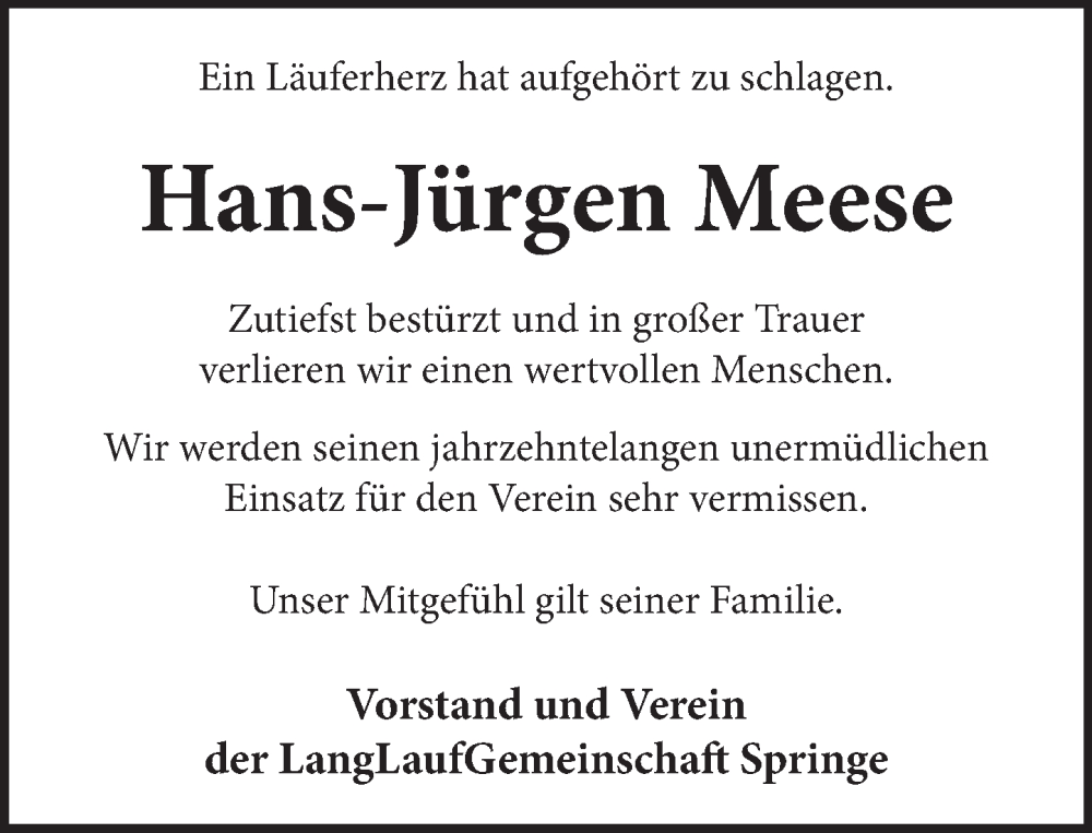  Traueranzeige für Hans-Jürgen Meese vom 04.06.2022 aus Neue Deister-Zeitung