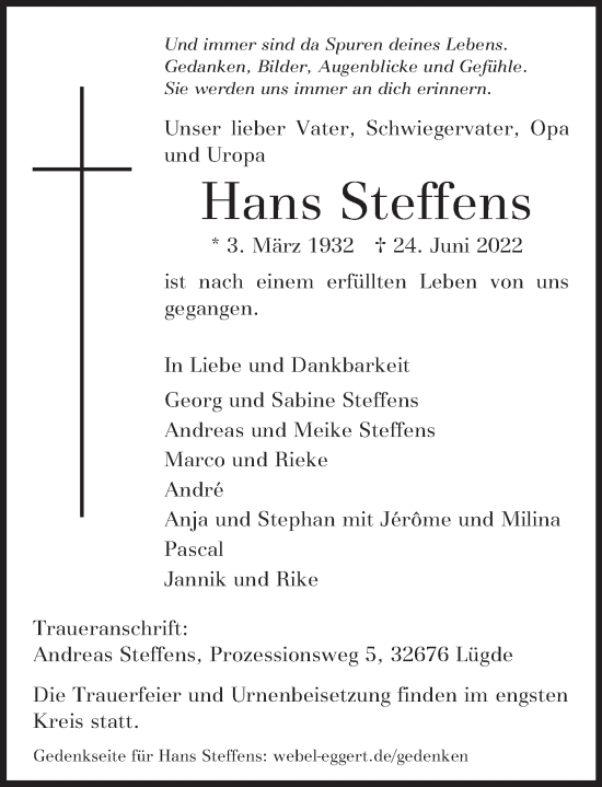 Traueranzeige von Hans Steffens von Deister- und Weserzeitung