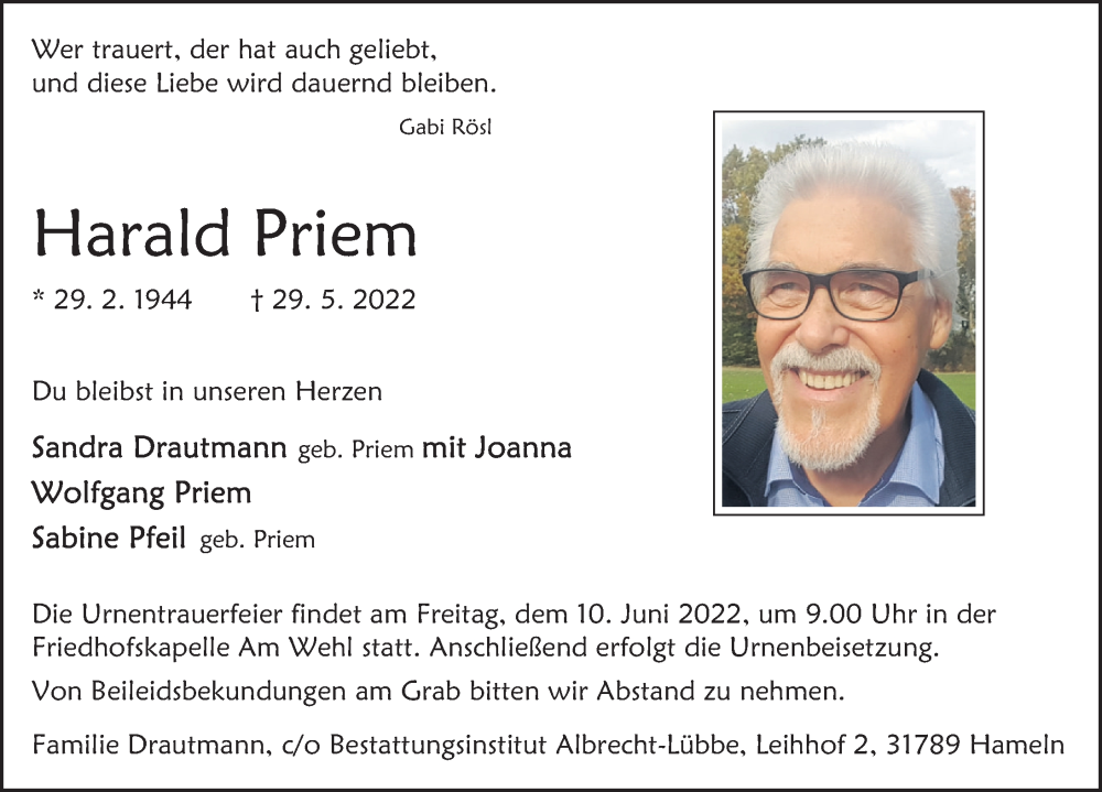  Traueranzeige für Harald Priem vom 04.06.2022 aus Deister- und Weserzeitung