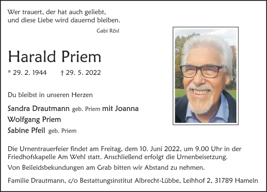 Traueranzeige von Harald Priem von Deister- und Weserzeitung