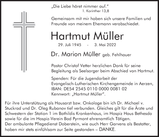 Traueranzeige von Hartmut Müller von Deister- und Weserzeitung