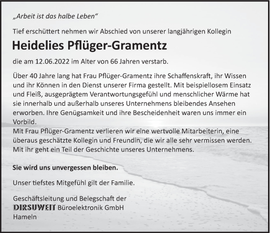 Traueranzeige von Heidelies Pflüger-Gramentz von Deister- und Weserzeitung
